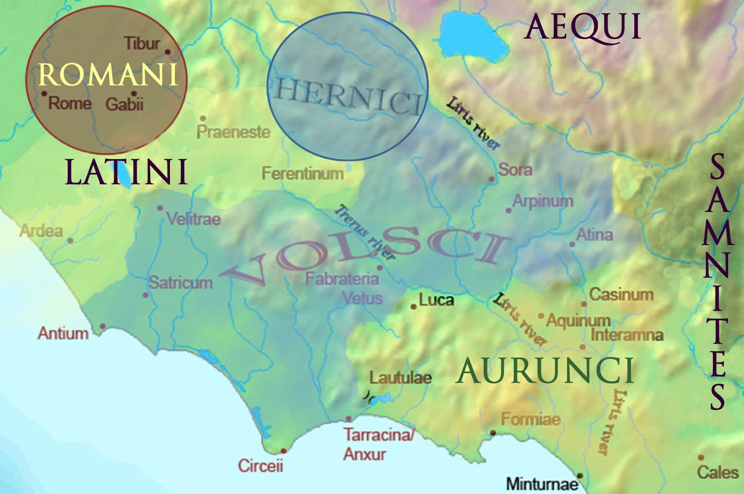 Map of Rome and its surrounding environs during 5th-4th centuries BC